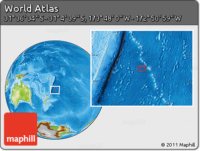 Physical Location Map of the Area around 31° 20' 36" S, 173° 19' 29" W