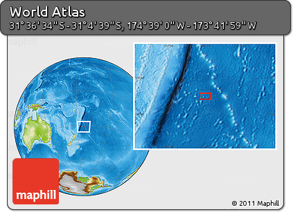 Physical Location Map of the Area around 31° 20' 36" S, 174° 10' 30" W