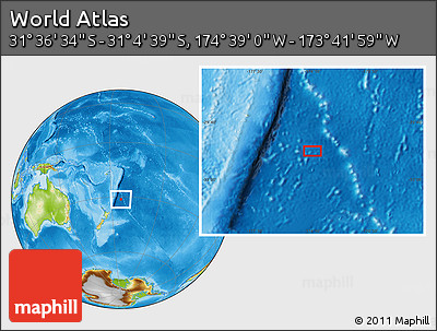 Physical Location Map of the Area around 31° 20' 36" S, 174° 10' 30" W