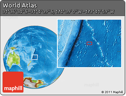 Physical Location Map of the Area around 31° 20' 36" S, 174° 10' 30" W