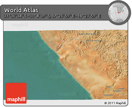Satellite 3D Map of the Area around 31° 20' 36" S, 17° 55' 29" E