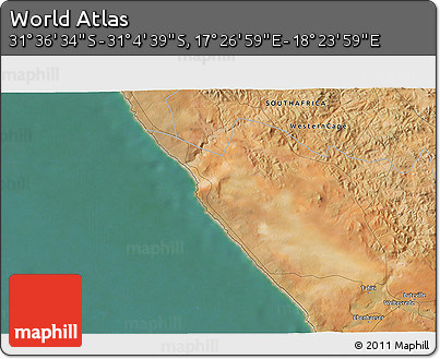 Satellite 3D Map of the Area around 31° 20' 36" S, 17° 55' 29" E