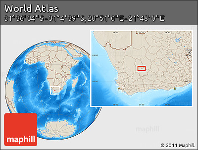 Shaded Relief Location Map of the Area around 31° 20' 36" S, 21° 19' 30" E