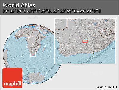 Gray Location Map of the Area around 31° 20' 36" S, 23° 52' 30" E, hill shading
