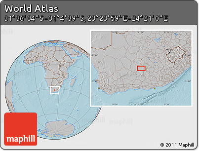 Gray Location Map of the Area around 31° 20' 36" S, 23° 52' 30" E, hill shading