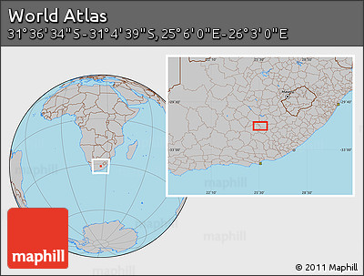 Gray Location Map of the Area around 31° 20' 36" S, 25° 34' 30" E