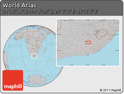 Gray Location Map of the Area around 31° 20' 36" S, 25° 34' 30" E