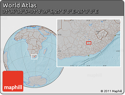 Gray Location Map of the Area around 31° 20' 36" S, 25° 34' 30" E, hill shading