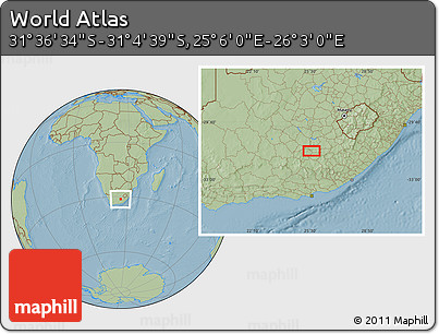 Savanna Style Location Map of the Area around 31° 20' 36" S, 25° 34' 30" E, hill shading