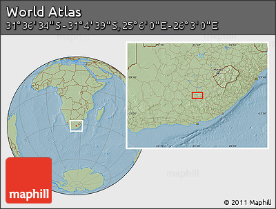 Savanna Style Location Map of the Area around 31° 20' 36" S, 25° 34' 30" E, hill shading