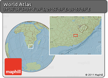 Savanna Style Location Map of the Area around 31° 20' 36" S, 26° 25' 29" E, hill shading