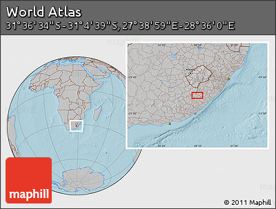 Gray Location Map of the Area around 31° 20' 36" S, 28° 7' 30" E, hill shading