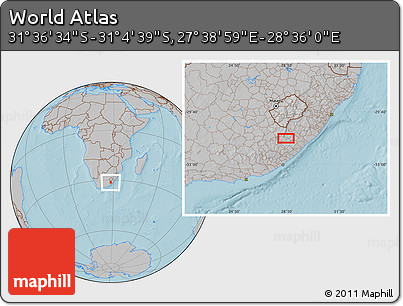 Gray Location Map of the Area around 31° 20' 36" S, 28° 7' 30" E, hill shading