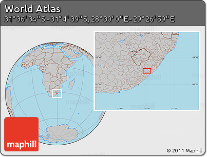 Gray Location Map of the Area around 31° 20' 36" S, 28° 58' 30" E
