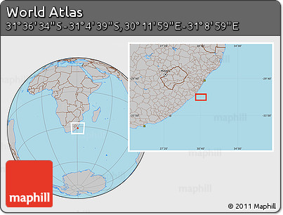 Gray Location Map of the Area around 31° 20' 36" S, 30° 40' 29" E