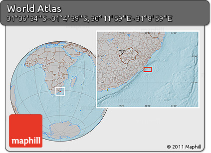 Gray Location Map of the Area around 31° 20' 36" S, 30° 40' 29" E, hill shading