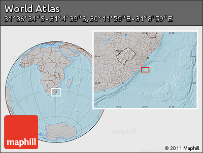 Gray Location Map of the Area around 31° 20' 36" S, 30° 40' 29" E, hill shading