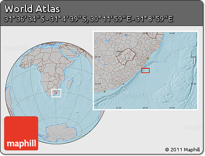 Gray Location Map of the Area around 31° 20' 36" S, 30° 40' 29" E, hill shading