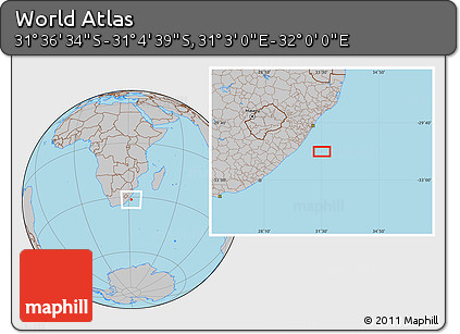 Gray Location Map of the Area around 31° 20' 36" S, 31° 31' 29" E