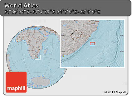 Gray Location Map of the Area around 31° 20' 36" S, 31° 31' 29" E, hill shading