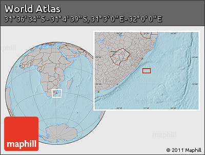 Gray Location Map of the Area around 31° 20' 36" S, 31° 31' 29" E, hill shading