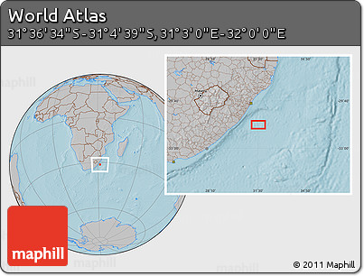 Gray Location Map of the Area around 31° 20' 36" S, 31° 31' 29" E, hill shading
