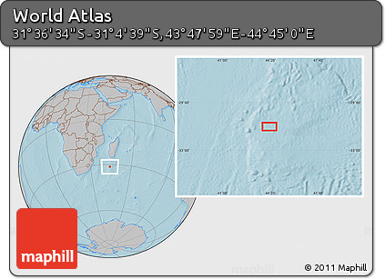 Gray Location Map of the Area around 31° 20' 36" S, 44° 16' 29" E, hill shading