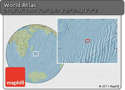 Savanna Style Location Map of the Area around 31° 20' 36" S, 53° 37' 30" E, hill shading