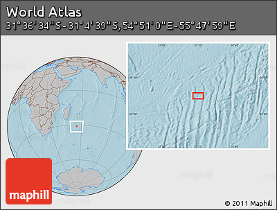 Gray Location Map of the Area around 31° 20' 36" S, 55° 19' 30" E, hill shading