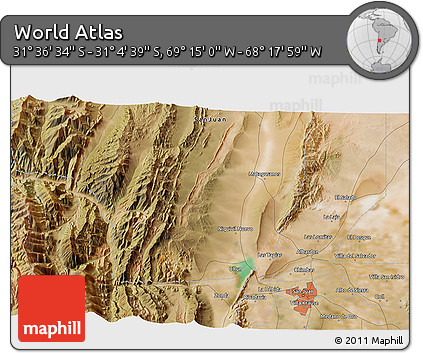 Satellite 3D Map of the Area around 31° 20' 36" S, 68° 46' 30" W