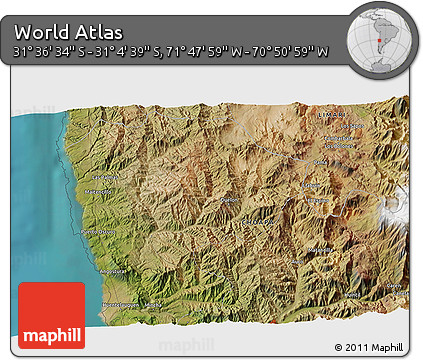Satellite 3D Map of the Area around 31° 20' 36" S, 71° 19' 29" W