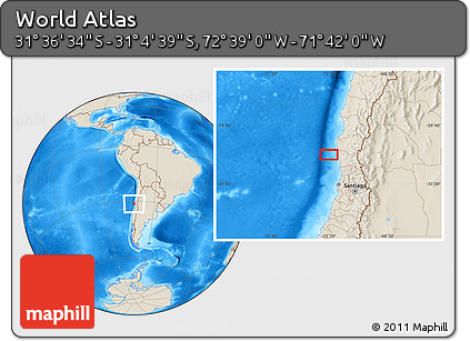 Shaded Relief Location Map of the Area around 31° 20' 36" S, 72° 10' 30" W