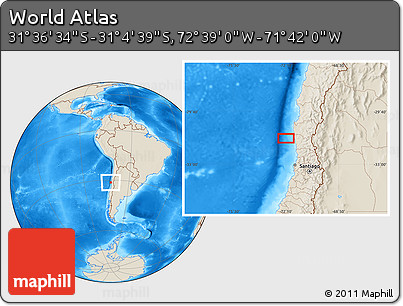 Shaded Relief Location Map of the Area around 31° 20' 36" S, 72° 10' 30" W