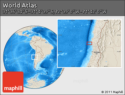 Shaded Relief Location Map of the Area around 31° 20' 36" S, 72° 10' 30" W