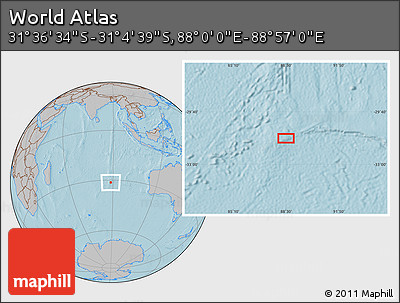Gray Location Map of the Area around 31° 20' 36" S, 88° 28' 29" E, hill shading