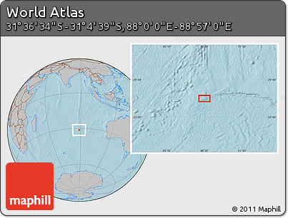 Gray Location Map of the Area around 31° 20' 36" S, 88° 28' 29" E, hill shading