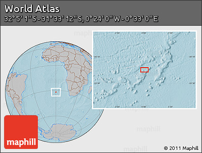 Gray Location Map of the Area around 31° 49' 7" S, 0° 4' 30" E, hill shading