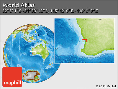Physical Location Map of the Area around 31° 49' 7" S, 115° 40' 30" E