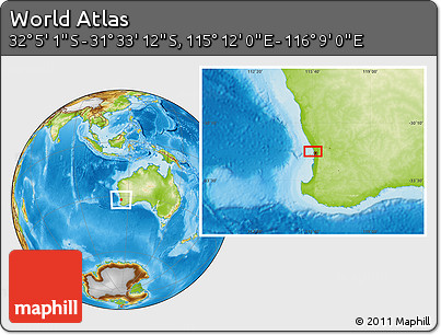 Physical Location Map of the Area around 31° 49' 7" S, 115° 40' 30" E
