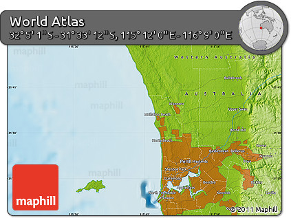 Physical Map of the Area around 31° 49' 7" S, 115° 40' 30" E