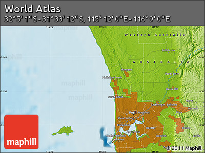 Physical Map of the Area around 31° 49' 7" S, 115° 40' 30" E