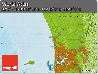 Physical Map of the Area around 31° 49' 7" S, 115° 40' 30" E