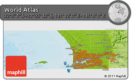 Physical Panoramic Map of the Area around 31° 49' 7" S, 115° 40' 30" E