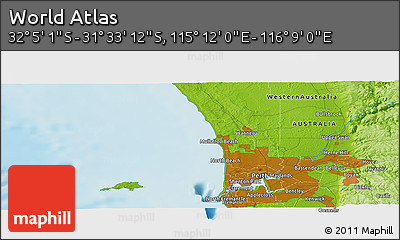 Physical Panoramic Map of the Area around 31° 49' 7" S, 115° 40' 30" E