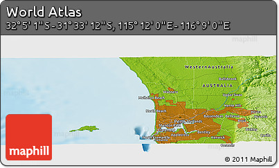 Physical Panoramic Map of the Area around 31° 49' 7" S, 115° 40' 30" E