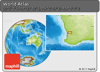 Physical Location Map of the Area around 31° 49' 7" S, 116° 31' 30" E