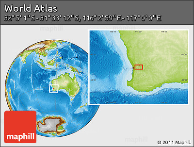 Physical Location Map of the Area around 31° 49' 7" S, 116° 31' 30" E