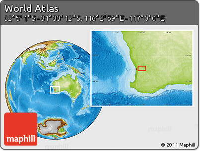 Physical Location Map of the Area around 31° 49' 7" S, 116° 31' 30" E