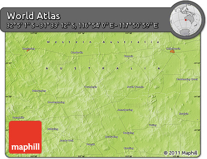 Physical Map of the Area around 31° 49' 7" S, 117° 22' 30" E