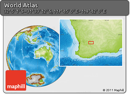 Physical Location Map of the Area around 31° 49' 7" S, 118° 13' 29" E